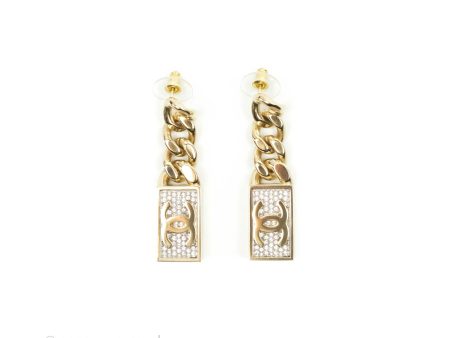 Chanel Chain CC Crystal Plate Drop Earrings Gold Tone 21C Online now