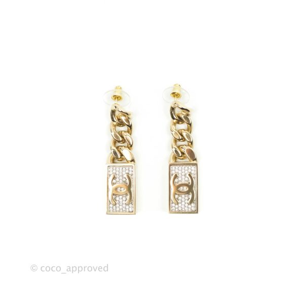 Chanel Chain CC Crystal Plate Drop Earrings Gold Tone 21C Online now