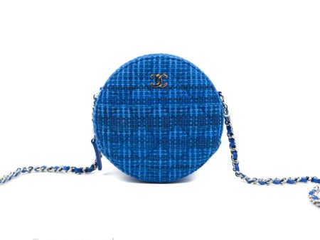 Chanel Quilted Round Clutch With Chain Blue Tweed Silver Hardware For Discount