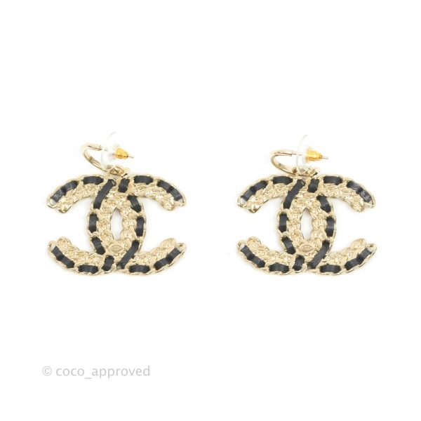 Chanel Crystal CC Braided Black Leather Drop Earrings Gold Hardware 20C Online Hot Sale