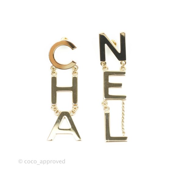 Chanel Letter Cha-Nel Logo Drop Earrings Gold Tone 20V Hot on Sale