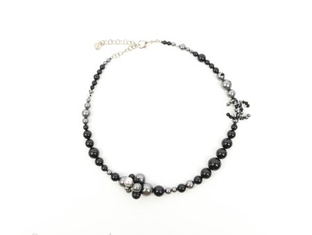 Chanel CC Resin Black Bead Necklace Silver Tone 14P Hot on Sale