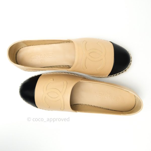 Chanel Espadrille Black Beige Leather Size 39 Supply