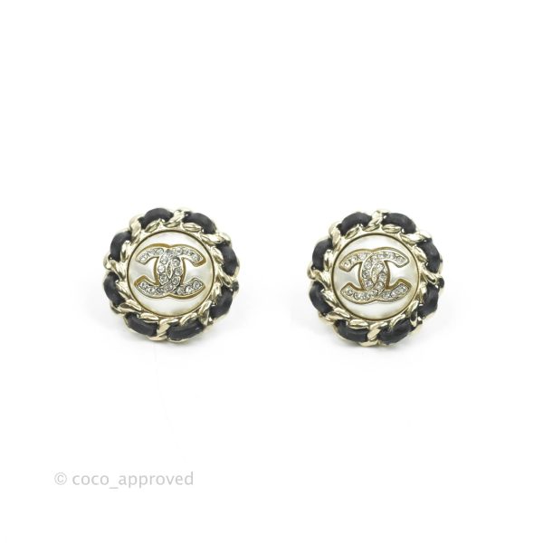 Chanel CC Pearl Crystal Black Lambskin Braided Round Earrings 21K Fashion