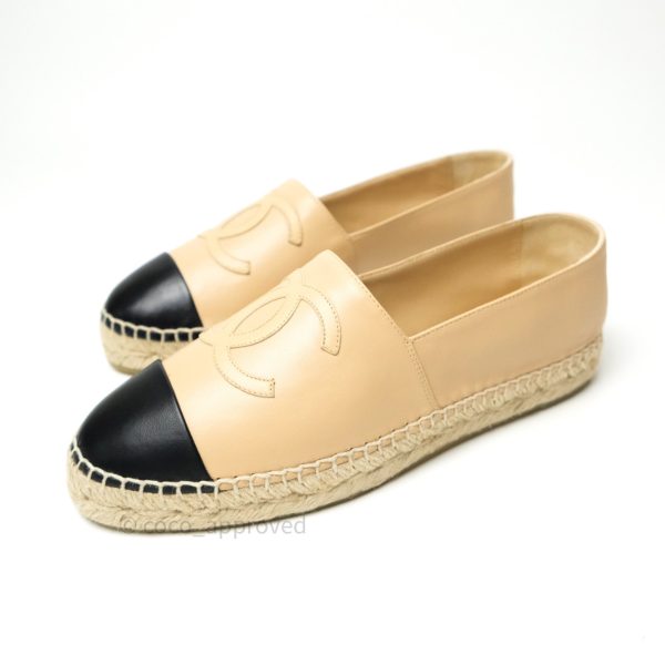 Chanel Espadrille Black Beige Leather Size 39 Supply