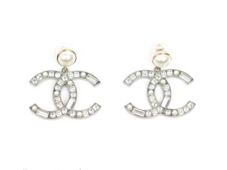 Chanel Pearl Crystal CC Drop Earrings Gold & Silver Tone 20P Cheap