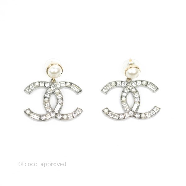 Chanel Pearl Crystal CC Drop Earrings Gold & Silver Tone 20P Cheap