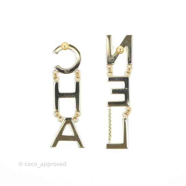 Chanel Letter Cha-Nel Logo Drop Earrings Gold Tone 20V Hot on Sale