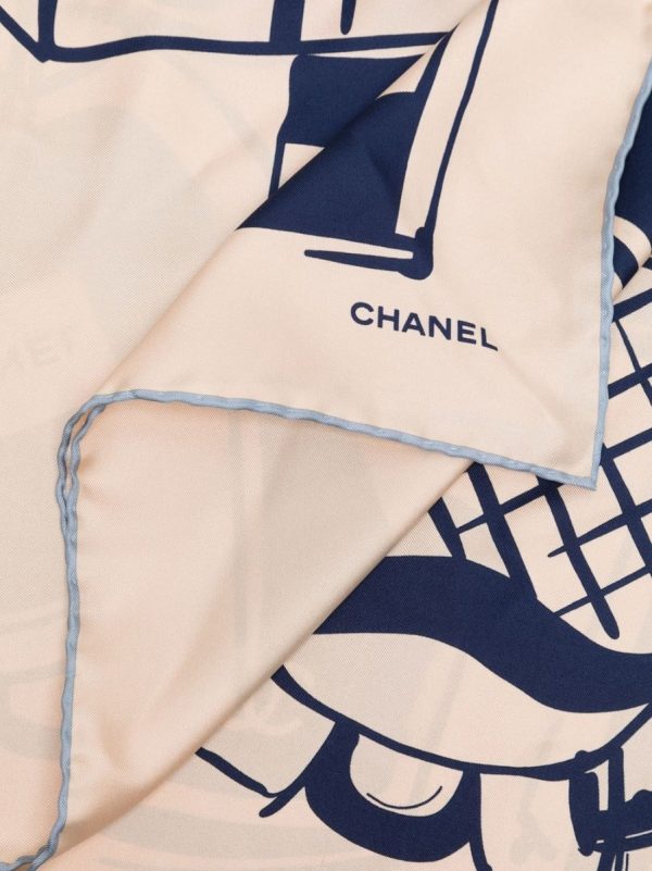 CHANEL Cream Luggage Print Silk Scarf Fashion