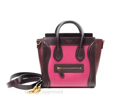 Celine Tri Color Dark Red Pink Brown Nano Luggage Tote on Sale