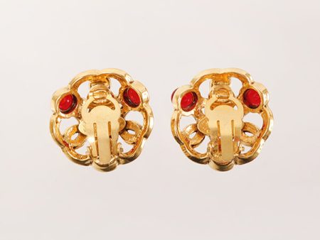 CHANEL 1990 Made Gripoix Triple Cc Mark Earrings Red For Cheap