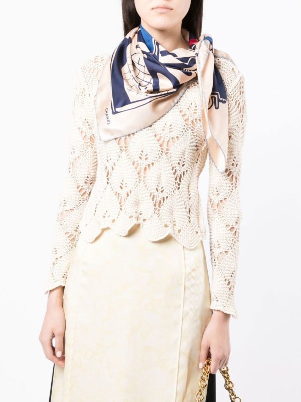 CHANEL Cream Luggage Print Silk Scarf Fashion