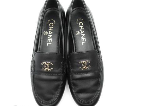 Chanel CC Black Leather Loafers Gold Hardware Size 36.5 Hot on Sale